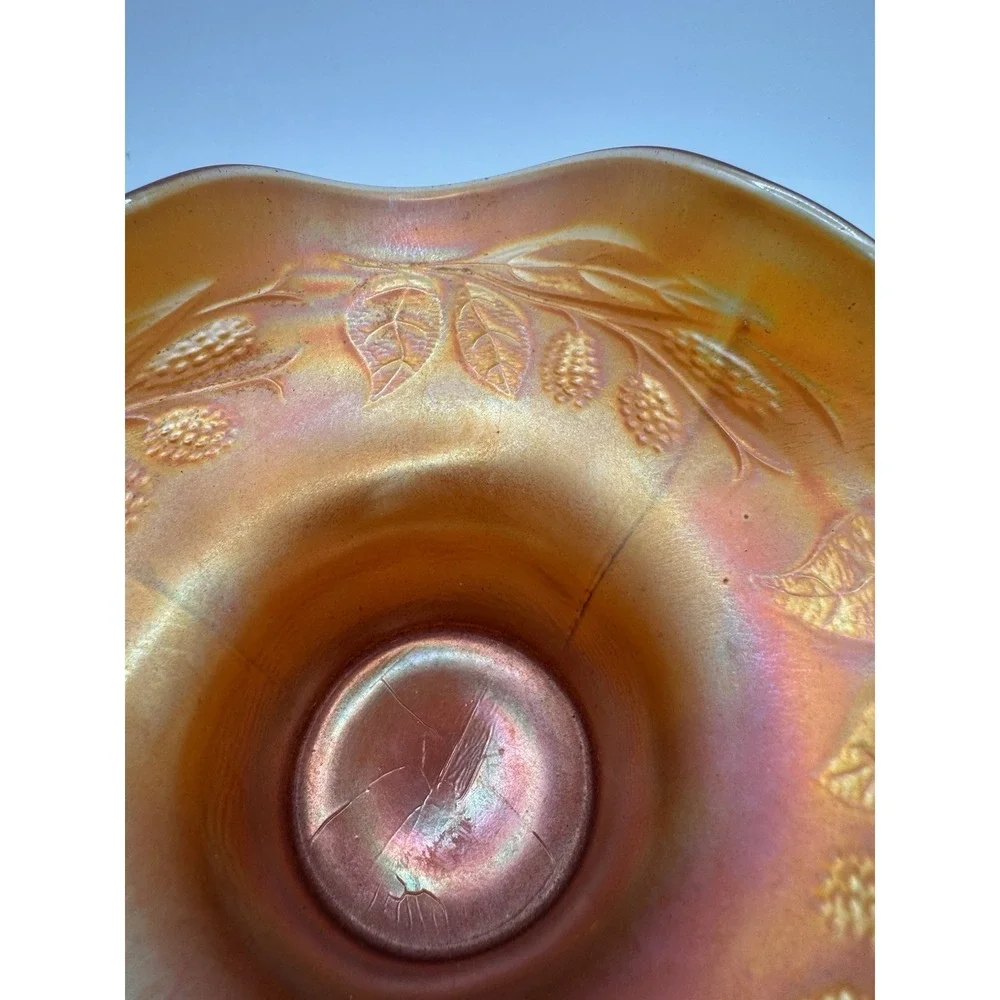 Vintage Orange Carnival Glass Hat Vase - BlackBerry Spray Pattern - Fenton